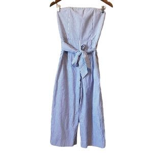 Club Monaco Strapless Striped Wide Cropped Crop Leg Tie Waist Jumpsuit Blue
